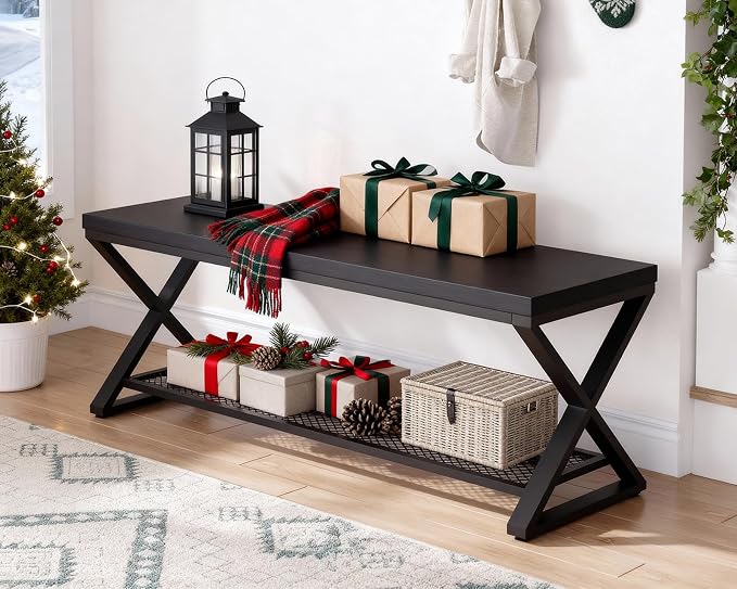 LVB Black Oak Bench, Industrial Entryway Bench with Storage, 47 Inch