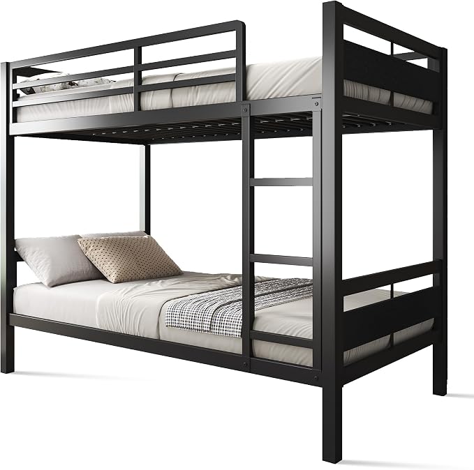 Feonase Metal Twin Over Twin Bunk Bed with Ladder and High Guardrail, Heavy-Duty Metal Slats Support, Noise Free, No Box Spring Needed, for Kids and Juniors, Black