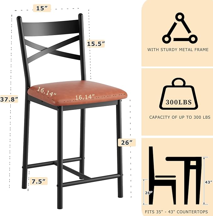 Garvee 26'' Bar Stools Set of 4, Counter Stools with Back & Thick Cushion