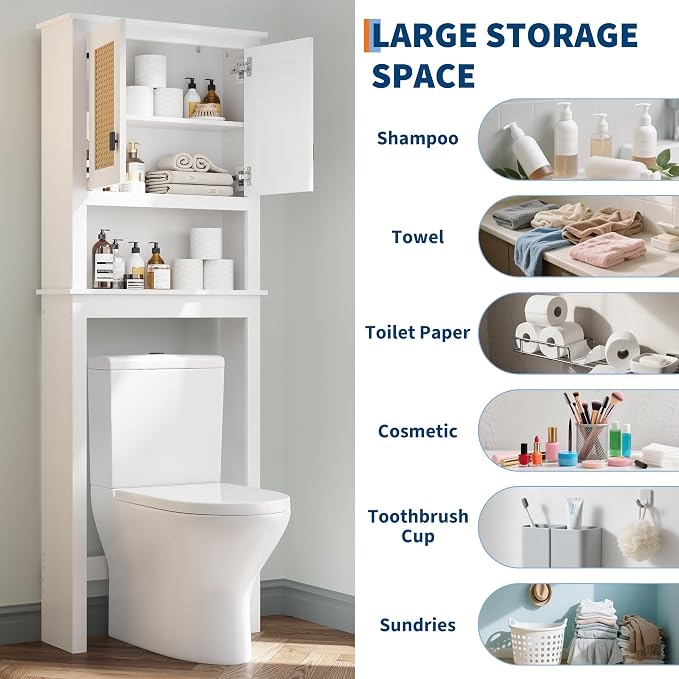 GarveeHome Over The Toilet Storage Cabinet, Farmhouse Over Toilet Bathroom Organizer with Rattan Doors, Freestanding Wood Above Toilet Storage Cabinet with Adjustable Shelf, White