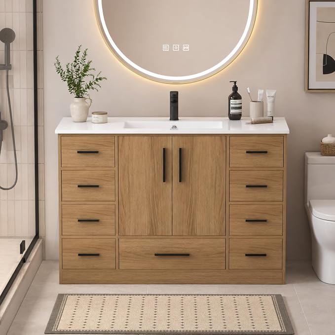LUMISOL 48 Inch Bathroom Vanity with Sink, Freestanding Bathroom Vanity with 9 Storage Drawers and 2 Soft-Closing Doors, Wood 48" Bathroom Vanities with Resin Sink, Light Oak