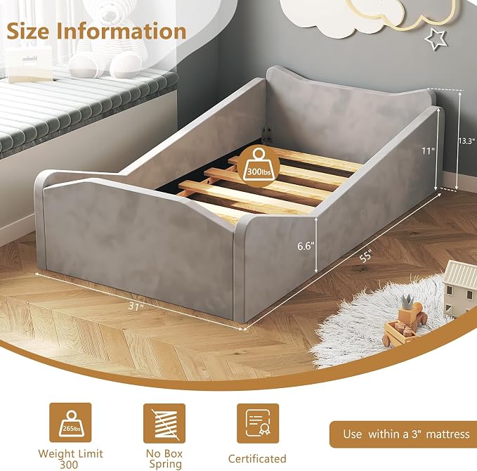 JOYMOR Toddler Bed, Floor Bed with Safety Guadrail, Montessori Toddler Bed with Animal Ear Shapes, Soft Velvet Wood Bed for Infant, Kids, Mattress not Included (Gray)