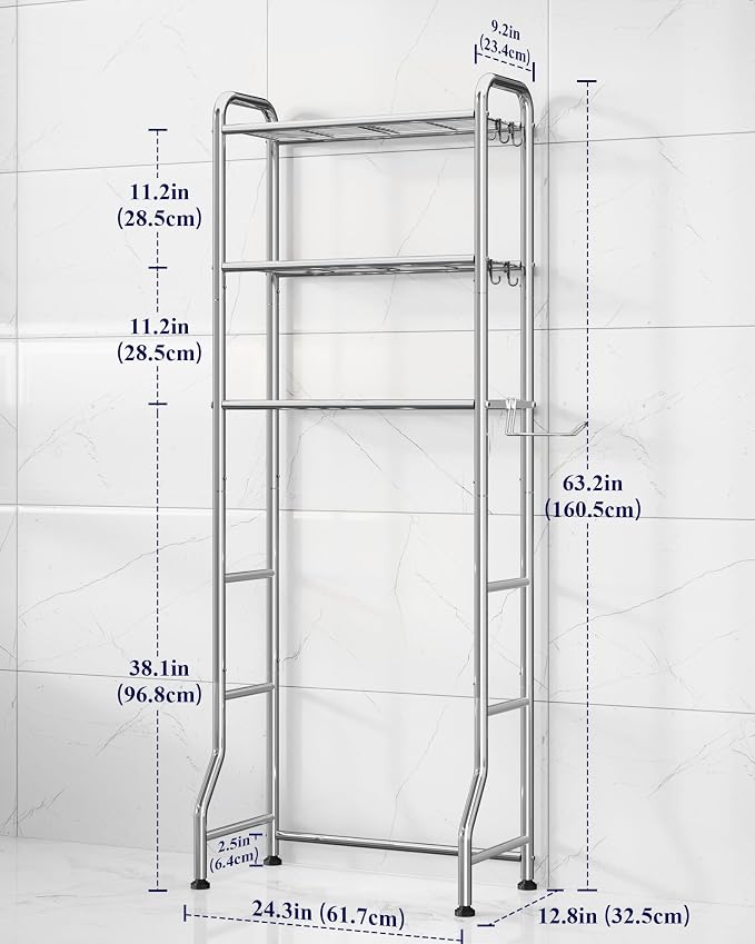 Kitsure Over Toilet Storage Rack, 63.2" H Space-Saving, Holder & Hooks | Bathroom, Laundry Room, Small Spaces, Families, Durable Metal, Chrome, 3 Tier