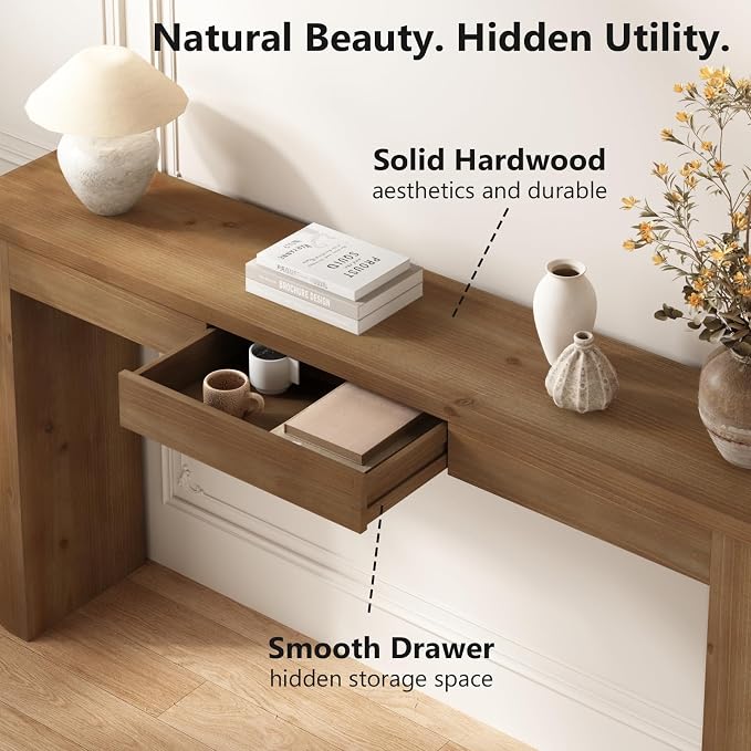 63" Solid Wood Console Table with Storage Drawer & Thick Leg