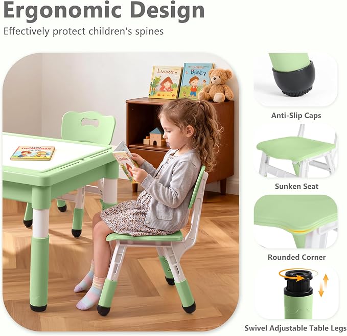Kinder King Kids Table & 2 Chairs Set, Adjustable Heights, Storage, Green