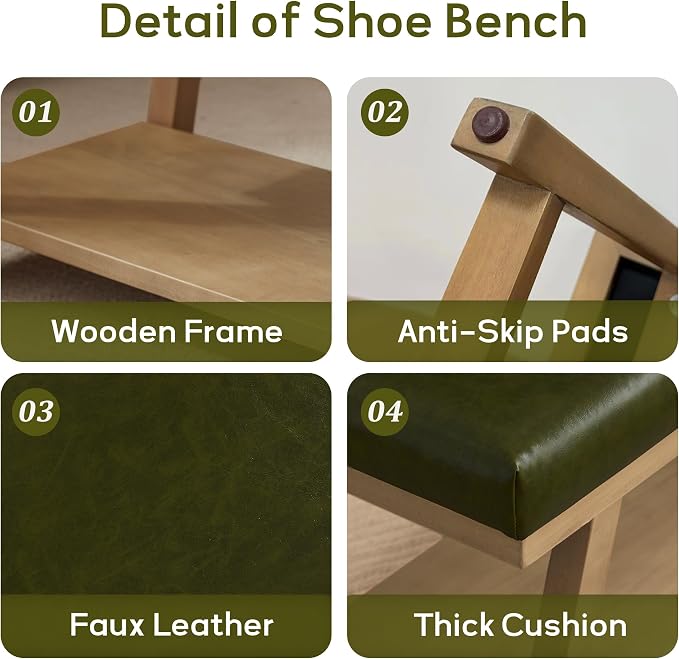 45" Entryway Bench Upholstered Storage Bench for Bedroom(PU-Green)