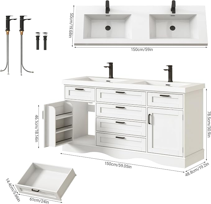 59" Bathroom Vanities Cabinet with Double Sink Combo,Modern Undermount Vanity Sink Cabinet with 2 Storage Doors and 3 Drawers,High Freestanding Bathroom Storage Cabinet with 3 Flip-top Drawers(White)