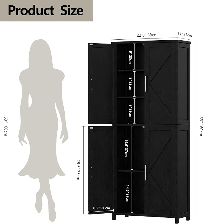 Akxomel 63''H Tall Farmhouse Bathroom Storage Cabinet with 4 Doors Black | Floor Storage Cabinet with Barn Doors, Adjustable Shelf, Pantry Cabinet for Kitchen, Laundry Room, Living Room, Entryway