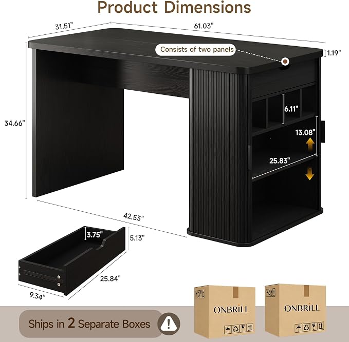 ONBRILL 61 Inch Fluted Kitchen Island with Storage Black