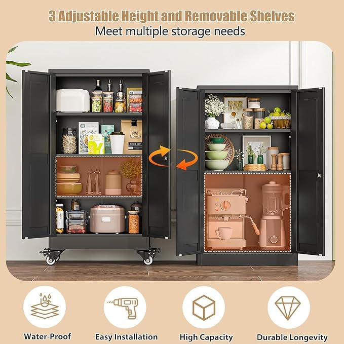 47" Metal Garage Storage Locker Cabinet with Wheels,Rolling Black Kitchen Pantry Cabinet with 2 Doors and 3 Adjustable Shelves, Steel File Tool Cabinet for Home Office Living Dinning Room Warehouse