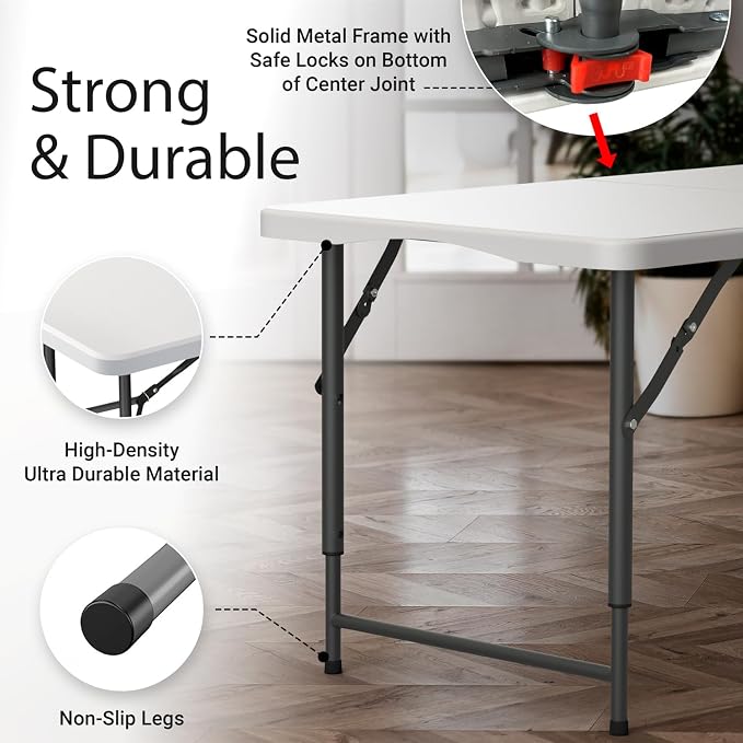 2 PACK of 4 Feet Foldable Table with Built in Handle & Steel Legs | 4 Foot Heavy Duty Portable | Perfect for Party, Dining, Wedding, Events, Picnic Indoor, Outdoor, Camping, Temporary
