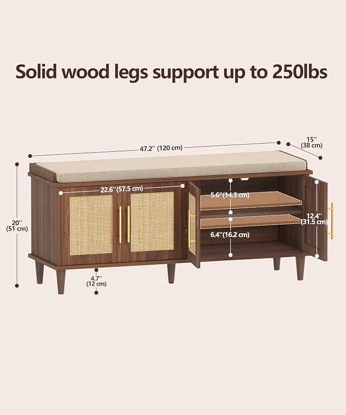 Akxomel 47.2" Rattan Shoe Storage Bench 4 Doors Entryway Bench Walnut