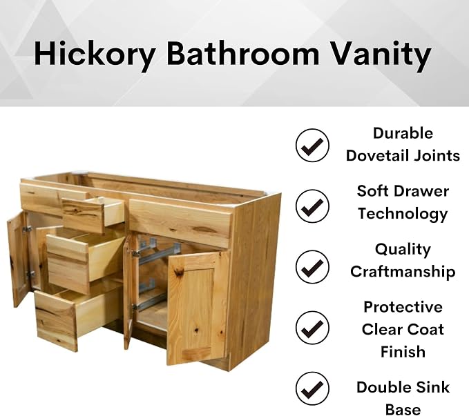 Riley & Higgs Hickory Double Sink Vanity, 60"Wx34.5"Hx21"D | Country rustic style with 4 doors and 3 drawers for ample storage in a 60-inch double-sink base