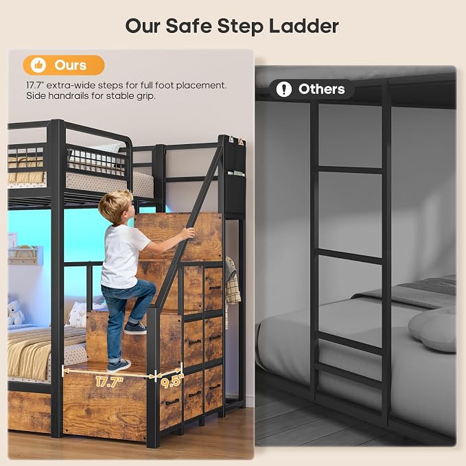 BTHFST Bunk Bed Twin Over Twin with Stairs, Storage Drawers and LED Lights