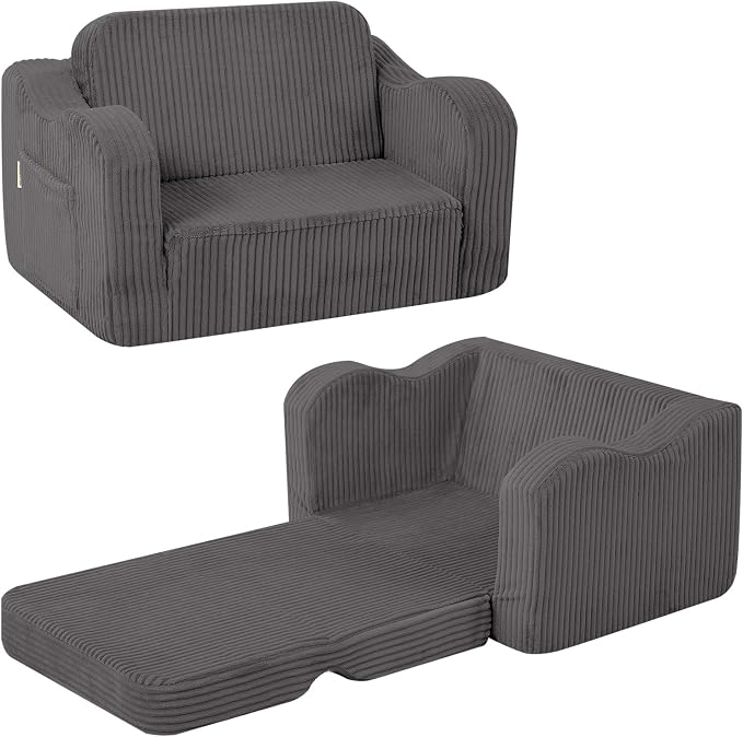 MeMoreCool Kids Chair, 2-in-1 Corduroy Fold Out Sofa, Foam Seat, Dark Grey