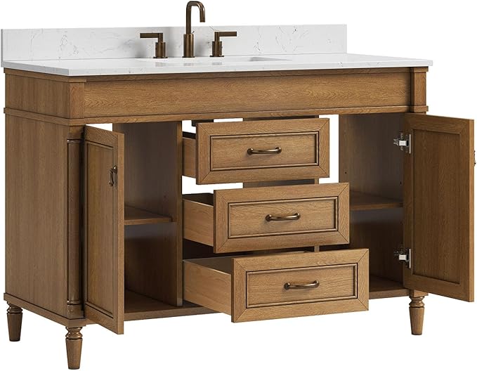 48 Inch Bathroom Vanity with Sink Combo, Light Walnut | Classic Cabinet with Countertop & Backsplash, Solid Wood Frame with Soft Closing Doors & 3 Dovetail Drawers, Ceramic Sink