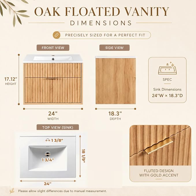 VINGLI 24 Inch Floating Bathroom Vanity with Sink, Wall-Mounted Natural Oak Cabinet with Fluted Drawer, Full-Extension Storage and Gold-Tone Handle