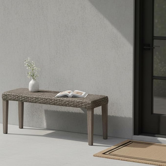 Outdoor Rattan Backless Bench with PE Wicker & Acacia Wood Frame, Grey