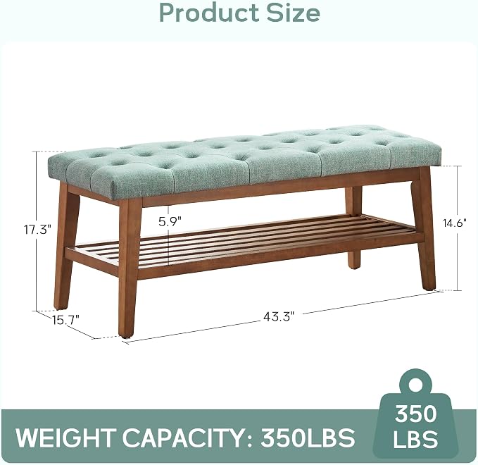 HUIMO Upholstered Entryway Shoe Bench, Button Tufted End of Bed Bench, Teal