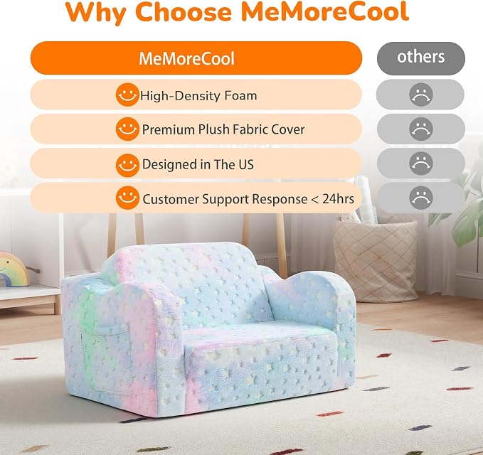 MeMoreCool Kids Couch, Glow Dark Rainbow Star Fold Out Sofa, Pastel Tie Dye