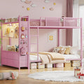Itaar Metal Bunk Bed Full Over Full with Hall Tree, Power Outlet, LED Bunk Bed with 6 Storage Drawers, Bed with 13‘’ Safety Guardrail & Ladders for Kids and Teen, 400lb Weight Capacity, Pink
