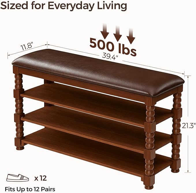Homleke 39.4" Wide Solid Wood Shoe Rack Bench with Classic Turned Ball Legs