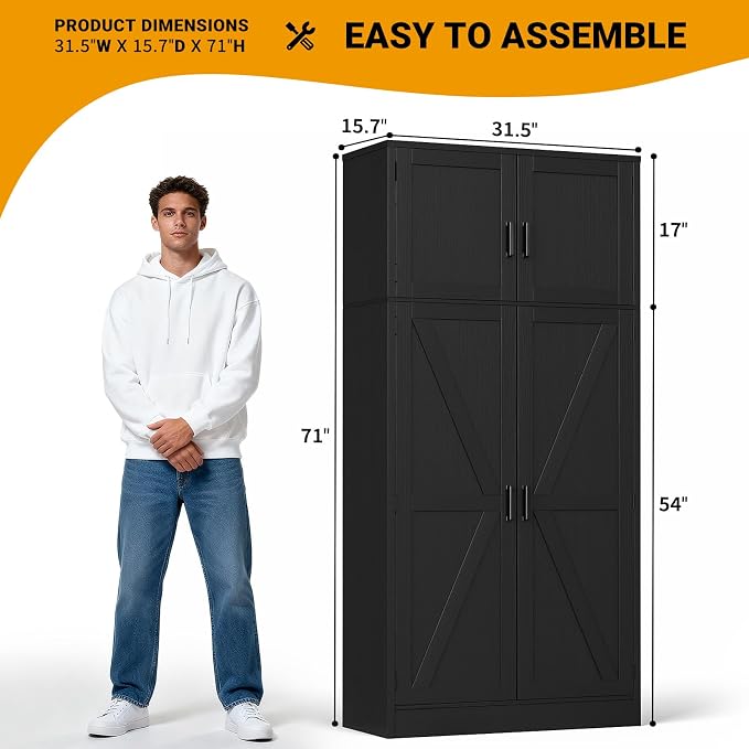 Unikito 71” Tall Kitchen Pantry Storage Cabinet with Adjustable Shelves | Large Farmhouse Storage Cupboard, Barn Doors, Sturdy and Deep, Versatile for Dinning Room, Living Room, Bathroom, Black