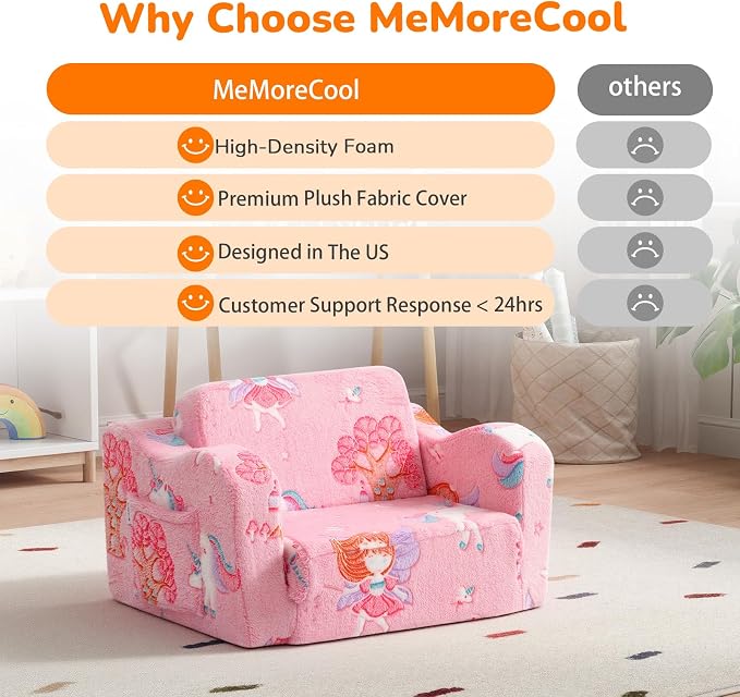 MeMoreCool Kids Chair, Glow Dark Pink Fairy Fold Out Sofa Seat for Girls