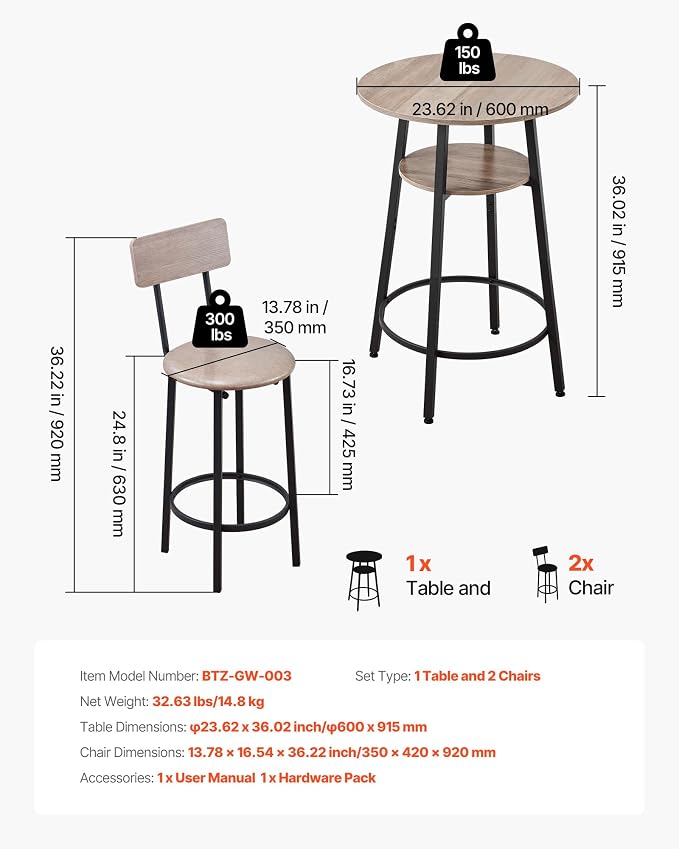 VEVOR Bar Table and Chairs Set, 3PCS 23.5″ Bars Tables Set with Rounded Corner Design, Round Pub Table with Two Stools for Office Desk, Breakfast Corner, Mini Bars, Light Gray, Black