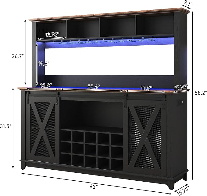 63"Wide 58"H Farmhouse Coffee Bar Cabinet with Power Outlet and LED Light,Wine Bar Cabinet w/ 4 Storage Hutch,Kitchen Buffet Cabinet with 15 Wine and Glass Racks for Kitchen Dining Room(Black)