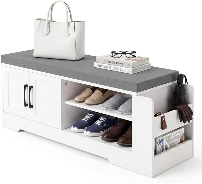 Farmhouse Shoe Storage Bench with 3-in-1 Entryway Storage & Padded Seat