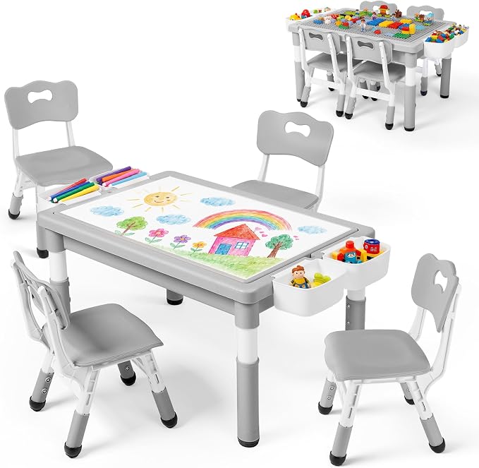 Kinder King Kids Table & 4 Chairs Set, Adjustable Heights, Storage, Grey
