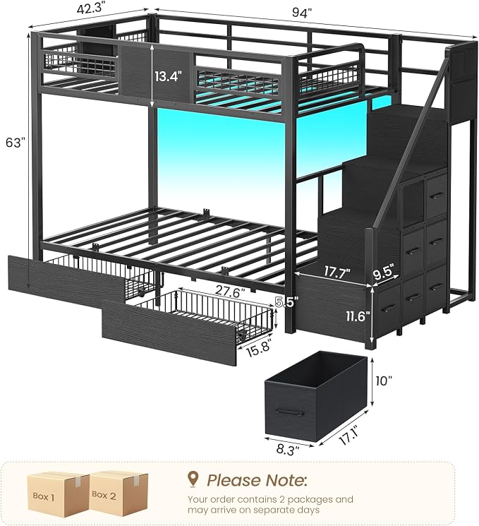 BTHFST Bunk Bed Twin Over Twin with Stairs, Storage Drawers and LED Lights