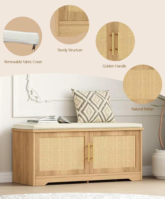 Rattan Shoe Storage Bench, 39.4" Wide Entryway Bench, Natural Oak