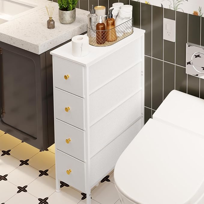 Fixwal Narrow Storage Cabinet, Slim Dresser with 4 Fabric Drawers, White | 9.5in width, sturdy & stable structure, solid steel frame, wooden top, suitable for bedroom, bathroom & laundry room