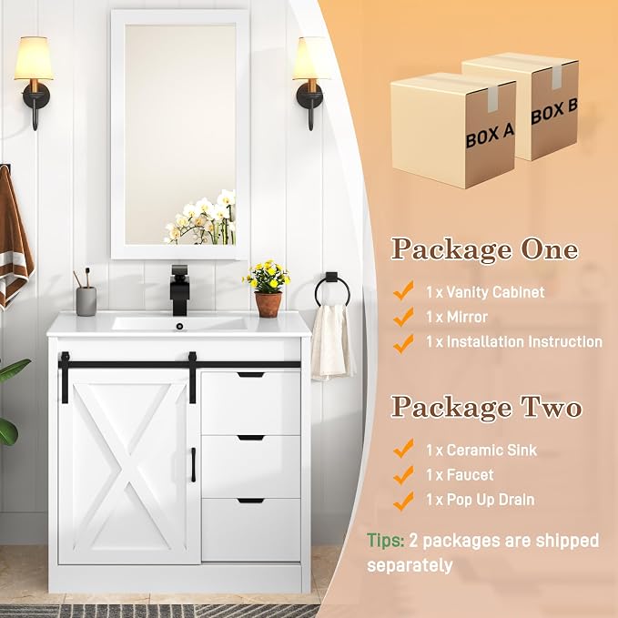 chartustriable 36 Inch Bathroom Vanity with Sink & Faucet & Mirror, Farmhouse Bathroom Vanity Cabinet Set with Sliding Barn Door & Drawers, Small Single Bath Storage Vanity Sink, White