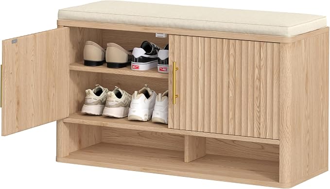 Fluted Shoe Storage Bench, Entryway Bench with Adjustable Shelves