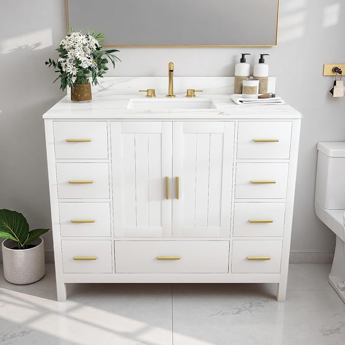 Montary 42" Bathroom Vanity with Sink & 43" Carrara Sintered Stone Top | with 3 Pre-Drilled Faucet Holes, Solid Wood Cabinet, Soft-Close Double Doors & 9 Smooth-Glide Drawers,White