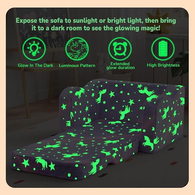 MeMoreCool Kids Couch, Glow Dark Butterfly Fold Out Sofa, Girls, Lavender