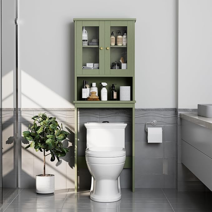 Over the Toilet Storage Cabinet for Bathroom, Storage Organizer Over Toilet, Space Saver with Tempered Glass Doors, Green