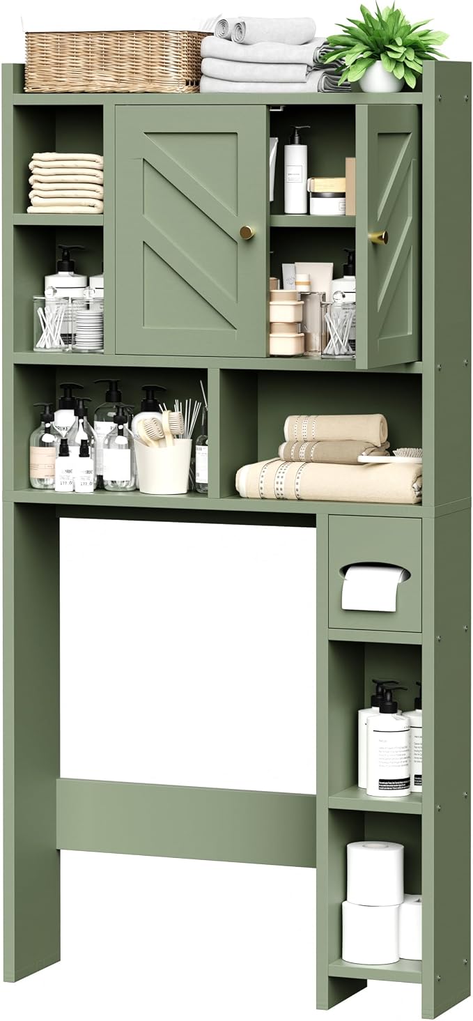 Over The Toilet Storage Cabinet, 64.6" Tall Bathroom Organizer Space Saver with Toilet Paper Holder & Adjustable Shelf, Freestanding Wood Cabinet for Small Space, Green