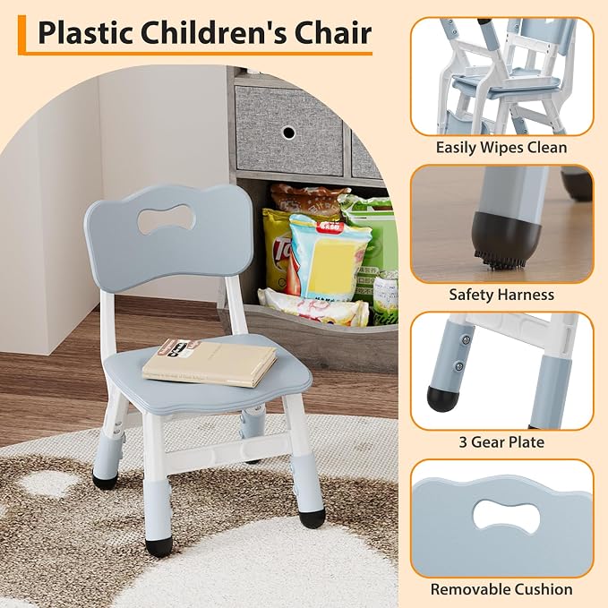 2-Pack Adjustable Kids Chairs, 3-Level Height Plastic Toddler Chair with Non-Slip Base & Stackable Design, for Home School Classroom Daycare Indoor Outdoor Use, Ages 2-8, Grey