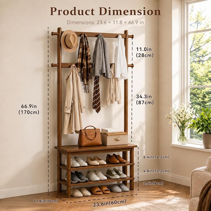 Solid Wood Hall Tree with Bench, Shoe Rack & 11 Hooks 27.2''