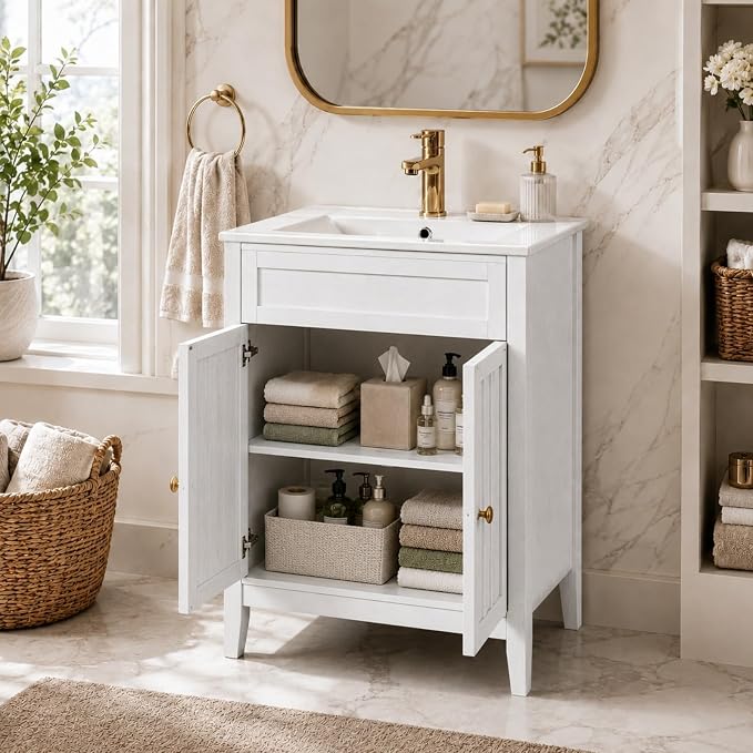 VINGLI 24 Inch Bathroom Vanity with Sink, Washed White Freestanding Farmhouse Vanity Cabinet, Single-Hole Ceramic Basin with Overflow, 2-Door Storage with U-Shaped Shelf