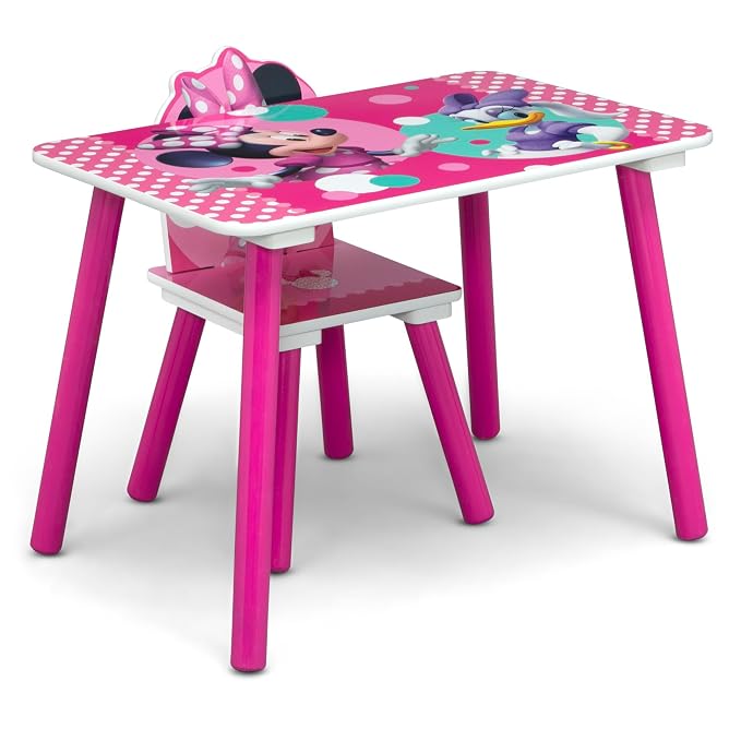 Delta Children Disney Minnie Mouse 4-Piece Toddler Room-in-a-Box Set – Includes Sleep and Play Toddler Bed, Table, 1 Chair and Toy Box, Pink