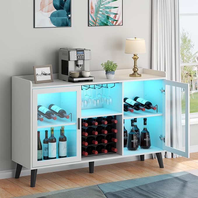 Wine Bar Cabinet with LED Light, Home Coffee Cabinet w/ Wine & Glass Holder