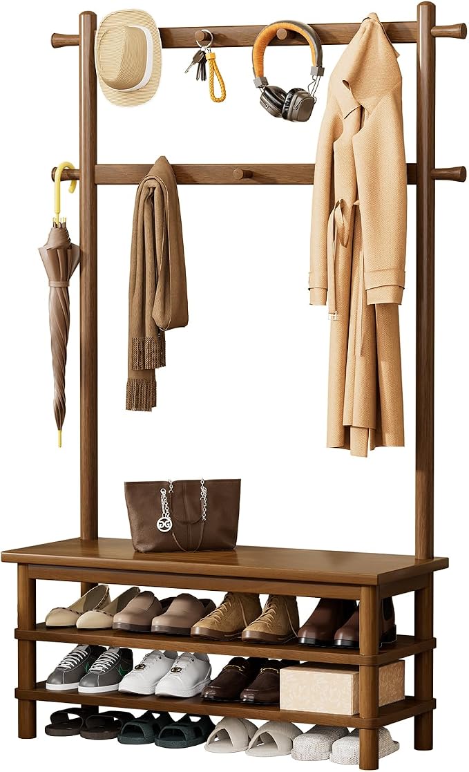 Solid Wood Hall Tree with Bench, Shoe Rack & 11 Hooks 35.0''