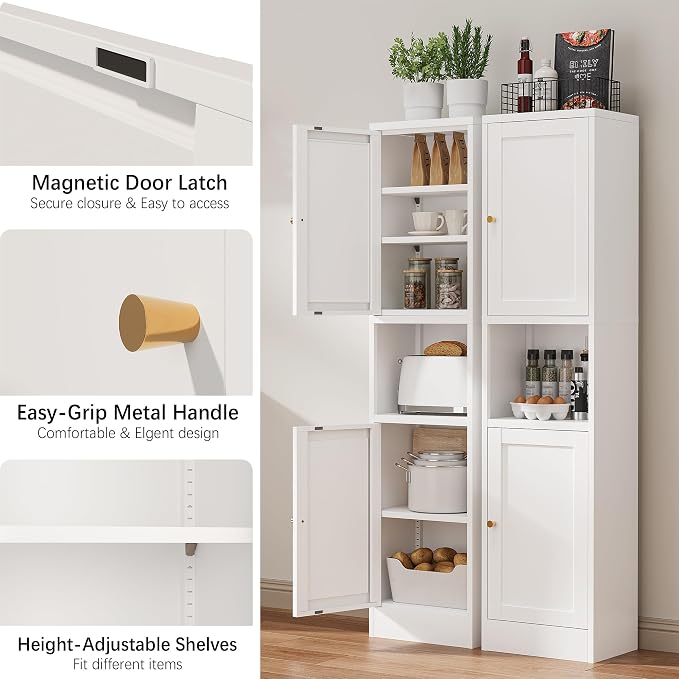 Bevivog Tall Slim Pantry Cabinet for Small Space, 67" Metal Narrow Storage Cabinets with Hutch and 3 Adjustable Shelves, Freestanding Tall Slim Bathroom Storage Cabinet, 15.7" Skinny Pantry Cabinets