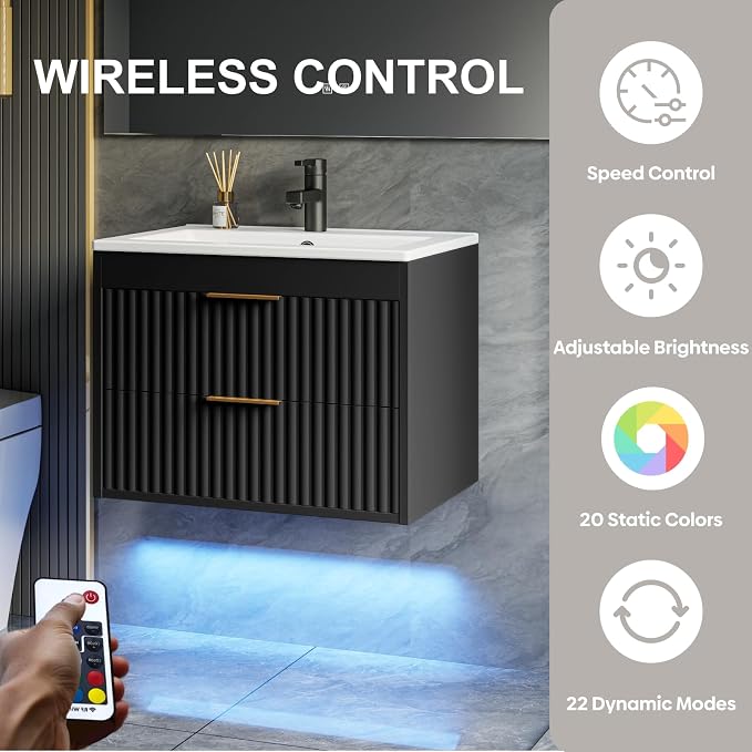 24 Inch Floating Bathroom Vanity with Sink & Towel Holder, Fluted Wall Mounted Vanity Cabinet for Small Bathroom, Modern Combo with LED Light, Metal Handle & Soft-Closing Drawers, Black