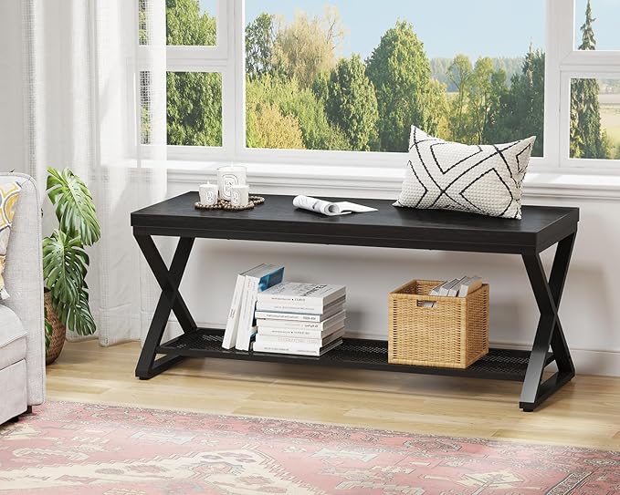LVB Black Oak Bench, Industrial Entryway Bench with Storage, 47 Inch